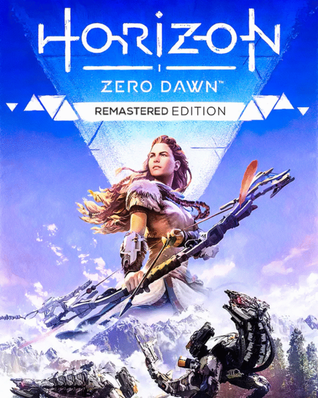 Screenshot from Horizon Zero Dawn Remastered showing Aloy aiming her bow at a robotic dinosaur in a lush forest with vibrant, detailed foliage and dynamic lighting.