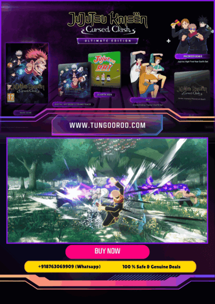 Download Jujutsu Kaisen Cursed Clash Ultimate Edition key art featuring Yuji Itadori and Megumi Fushiguro in a high-octane 2v2 anime arena fighter with explosive Cursed Techniques and Domain Expansion finishers 4k