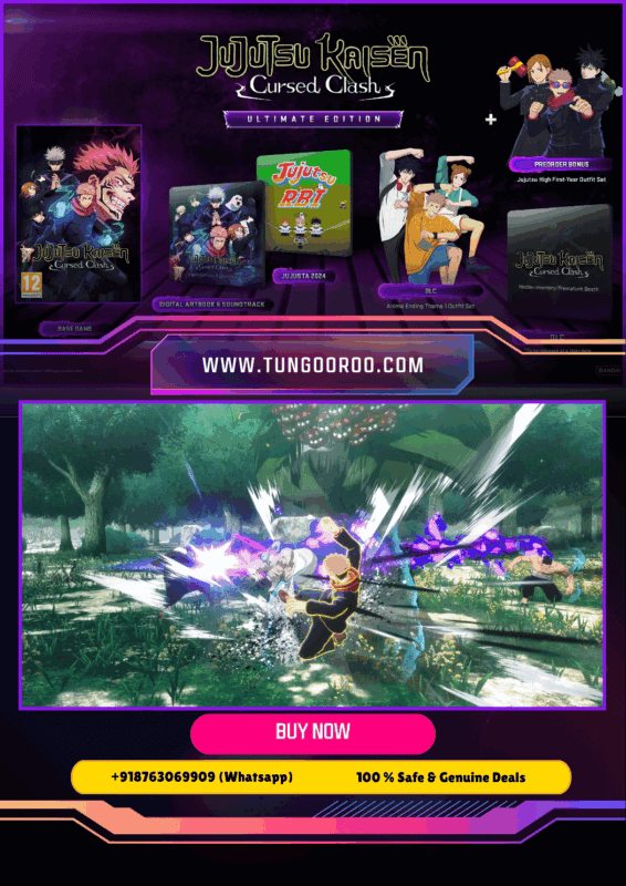 Download Jujutsu Kaisen Cursed Clash Ultimate Edition key art featuring Yuji Itadori and Megumi Fushiguro in a high-octane 2v2 anime arena fighter with explosive Cursed Techniques and Domain Expansion finishers 4k