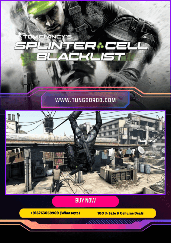 Tom Clancy’s Splinter Cell Blacklist stealth takedown, Sam Fisher aiming suppressed rifle from rooftop at night with neon city skyline and drone lights — tactical stealth, gadgets, and intense close-quarters combat 4K