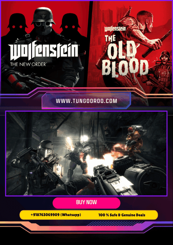 Wolfenstein: The New Order + The Old Blood cover art showing an alternate-history WWII soldier facing a towering Nazi war machine in gritty, cinematic lighting, explosive action and detailed character art — 4K