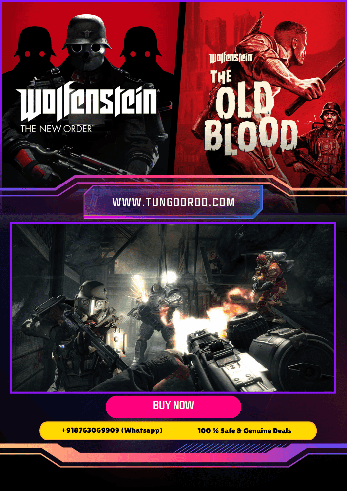 Wolfenstein New Order + Old Blood double pack (1) Wolfenstein: The New Order + The Old Blood cover art showing an alternate-history WWII soldier facing a towering Nazi war machine in gritty, cinematic lighting, explosive action and detailed character art — 4K