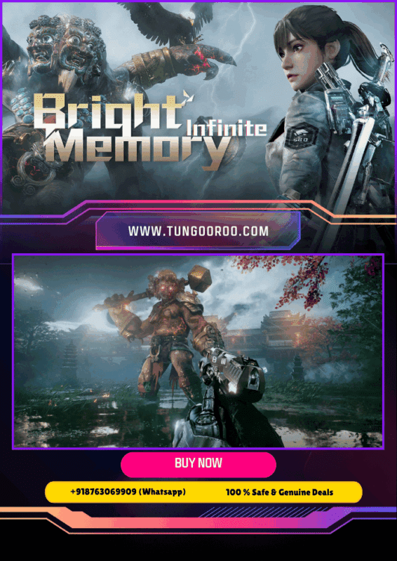 Bright Memory Infinite cinematic battle scene: a lone cybernetic soldier fires a glowing energy shotgun at a massive, lightning-cracked mech amid neon city ruins, blades and bullets colliding in slow-motion — 4K