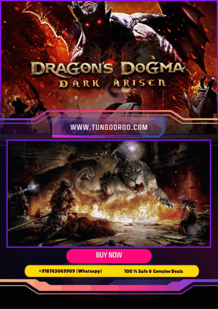 A lone Arisen battles a colossal dragon beneath a stormy sky in Dragon’s Dogma Dark Arisen, with glowing magic and towering fantasy ruins in the background, 4K