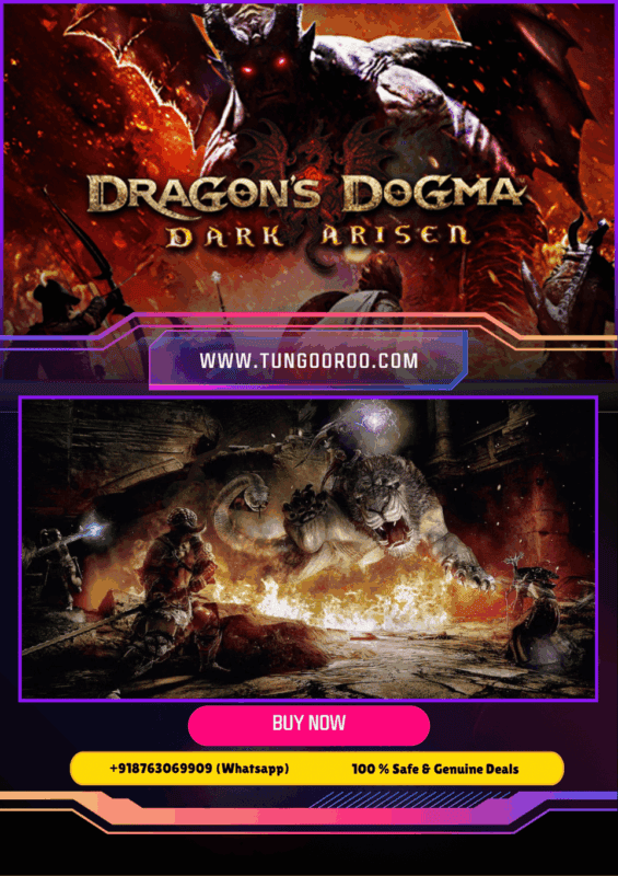 A lone Arisen battles a colossal dragon beneath a stormy sky in Dragon’s Dogma Dark Arisen, with glowing magic and towering fantasy ruins in the background, 4K