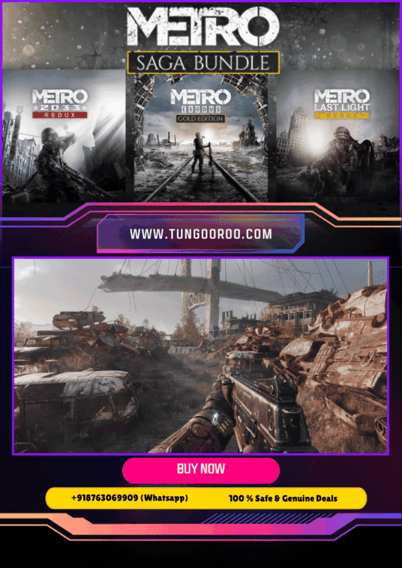 Metro Saga Bundle key art showing a lone armored survivor standing on a ruined subway platform beneath flickering neon signs, mutated creatures emerging from shadowed tunnels, atmospheric rain, and distant city ruins — gritty post-apocalyptic action, high-detail textures, dramatic lighting, 4K