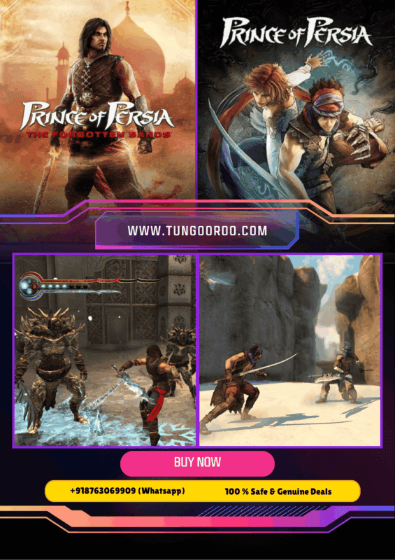 Prince of Persia: The Forgotten Sands gameplay key art showing the Prince sprinting across a crumbling palace with sword drawn, surrounded by sand, ancient architecture, and elemental magic 4k