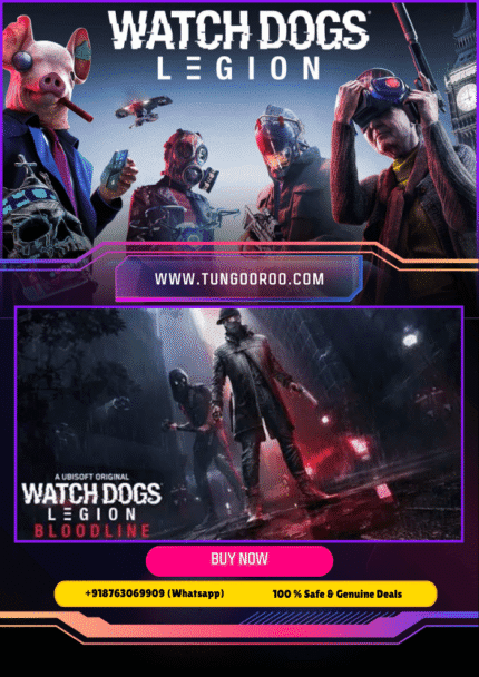 Watch Dogs Legion futuristic London city with a masked hacker holding neon mask – cinematic poster 4K” “Open-world action gameplay from Watch Dogs Legion showing resistance fighters in neon-lit streets of London 4K
