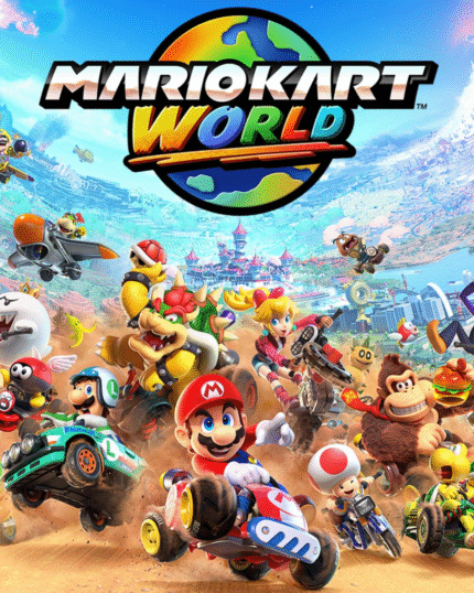 A dynamic screenshot of Mario Kart World showing Mario and friends racing on a vibrant rainbow track, using power-ups and drifting around sharp corners with bright, colorful environments.