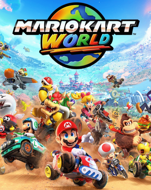A dynamic screenshot of Mario Kart World showing Mario and friends racing on a vibrant rainbow track, using power-ups and drifting around sharp corners with bright, colorful environments.