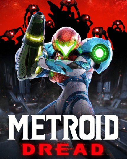 A visually stunning scene from Metroid Dread showcasing Samus Aran optimizing her Power Suit gear, with E.M.M.I. robots lurking ominously in the background within an alien biome, highlighting the dark, atmospheric sci-fi environment.