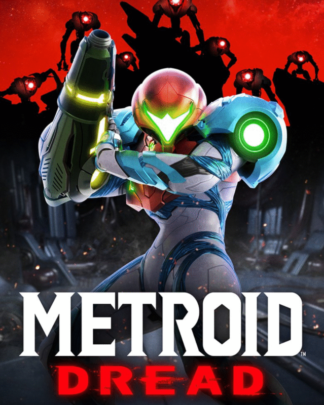 A visually stunning scene from Metroid Dread showcasing Samus Aran optimizing her Power Suit gear, with E.M.M.I. robots lurking ominously in the background within an alien biome, highlighting the dark, atmospheric sci-fi environment.