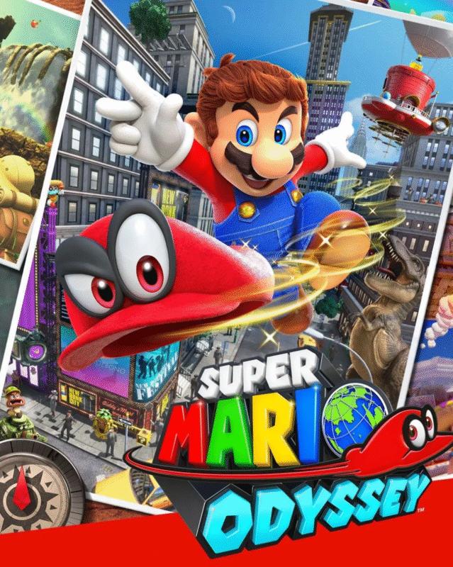 A colorful screenshot from Super Mario Odyssey showing Mario mid-jump in New Donk City, wearing his signature red cap, with the city skyline and bustling crowd in the background.
