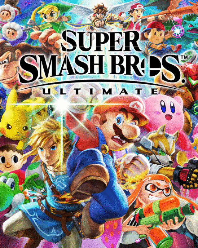 A dynamic screenshot from Super Mario Smash Bros. Ultimate showcasing Mario and Pikachu clashing in a vibrant arena filled with iconic items, bright effects, and cheering crowds.