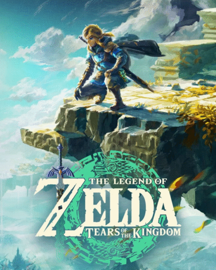 A majestic screenshot from The Legend of Zelda: Tears of the Kingdom showcasing Link soaring above Hyrule’s floating islands with a shimmering Master Sword in hand, dynamic lighting, and intricate environmental details.
