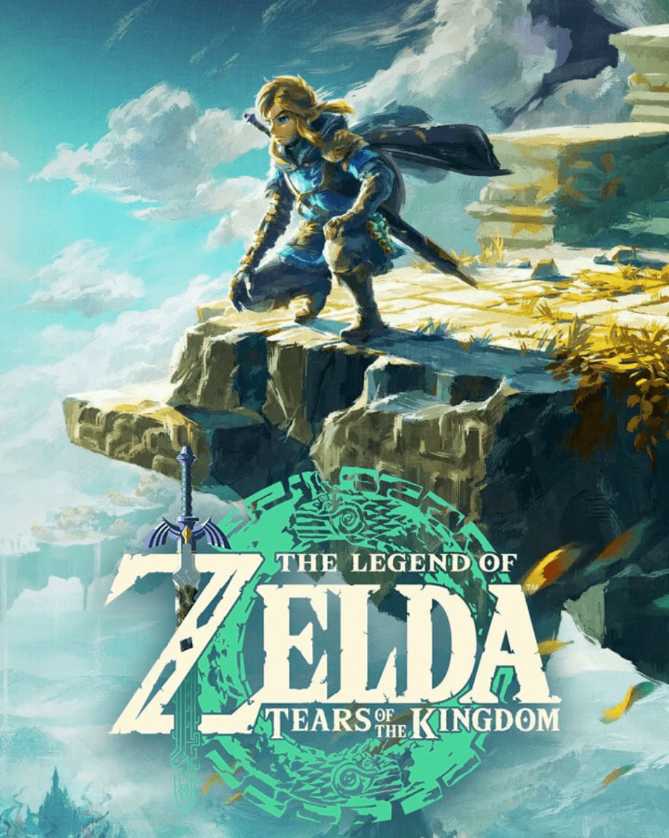 The Legend of Zelda Tears of the Kingdom A majestic screenshot from The Legend of Zelda: Tears of the Kingdom showcasing Link soaring above Hyrule’s floating islands with a shimmering Master Sword in hand, dynamic lighting, and intricate environmental details.
