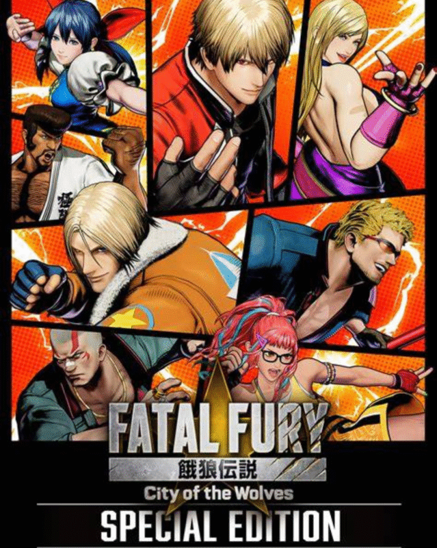 A vibrant screenshot from FATAL FURY: City of the Wolves - Special Edition showing iconic fighters Terry and Mai in a neon-lit street arena, with high-impact special move effects and stunning stylized visuals.