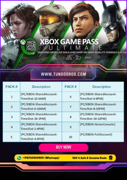 Xbox Game Pass subscription logo with a gaming controller and various popular game characters in the background, showcasing unlimited access to a vast library of Xbox games on console and PC.