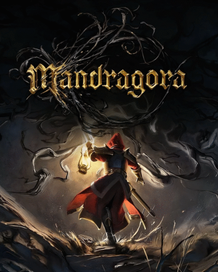 Screenshot of Mandragora: Whispers of the Witch Tree showing the Inquisitor facing a towering, grotesque witch under the eerie light of the Witch Tree, with lush painterly backgrounds and spell effects illuminating the gothic landscape.