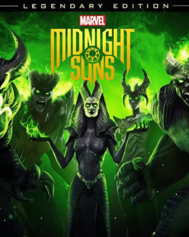 A dynamic battle scene from Marvel’s Midnight Suns Legendary Edition showing multiple Marvel superheroes in tactical combat using card-based mechanics, with dark supernatural enemies and visually stunning effects.