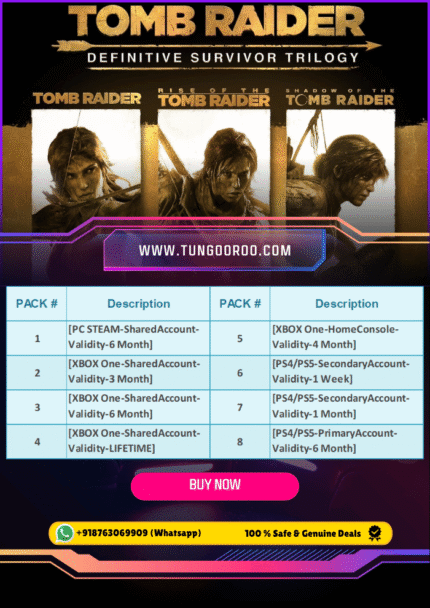 Play Tomb Raider Definitive Survivor Trilogy on Xbox, PlayStation, PC, and Nintendo Switch – immersive action-adventure survival game featuring Lara Croft’s origin journey with cinematic storytelling, challenging puzzles, exploration, and combat in iconic environments.