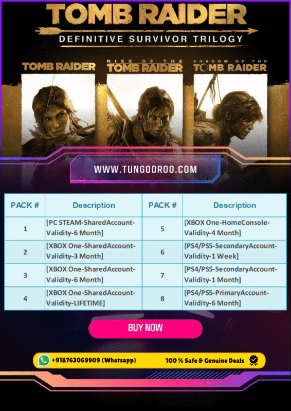 Play Tomb Raider Definitive Survivor Trilogy on Xbox, PlayStation, PC, and Nintendo Switch – immersive action-adventure survival game featuring Lara Croft’s origin journey with cinematic storytelling, challenging puzzles, exploration, and combat in iconic environments.