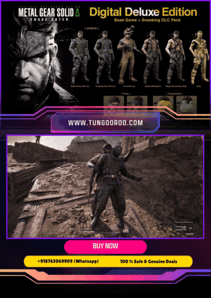 METAL GEAR SOLID Δ: SNAKE EATER remake featuring Naked Snake in a dense jungle stealth mission, cinematic Unreal Engine 5 visuals, survival camouflage, and tactical espionage action across PS5, Xbox Series X|S, and PC 4K