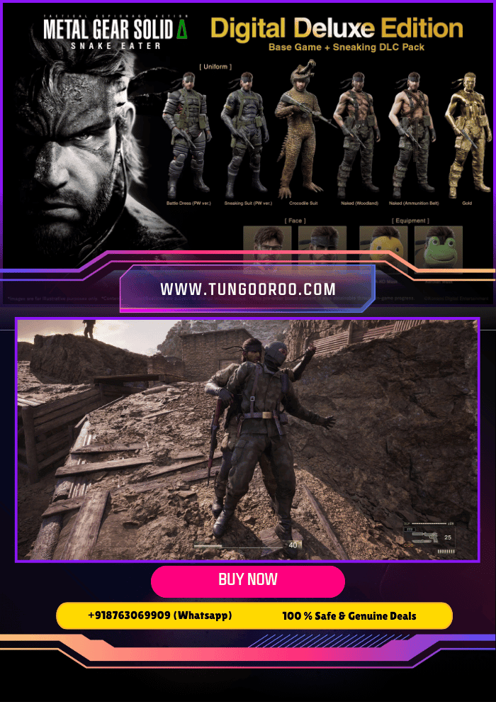 METAL GEAR SOLID Δ SNAKE EATER (2) METAL GEAR SOLID Δ: SNAKE EATER remake featuring Naked Snake in a dense jungle stealth mission, cinematic Unreal Engine 5 visuals, survival camouflage, and tactical espionage action across PS5, Xbox Series X|S, and PC 4K