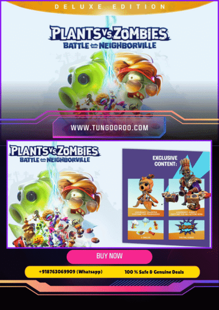 Gameplay screenshot of Plants vs. Zombies Battle for Neighborville Deluxe Edition showing epic plant vs zombie battles in vibrant arenas" "Plants vs. Zombies Battle for Neighborville Deluxe Edition characters in action-packed 4K