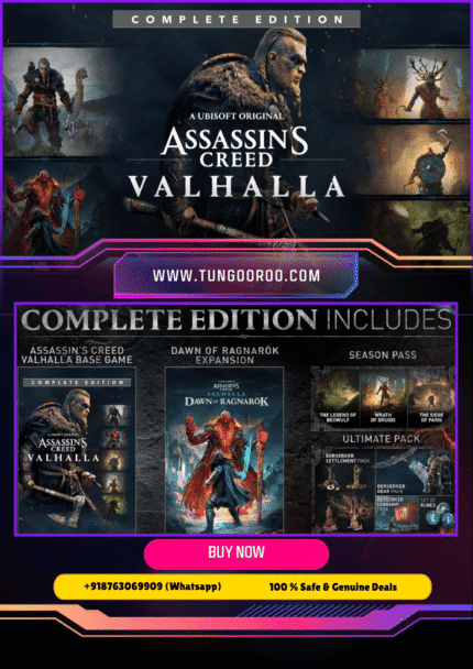 Assassin's Creed Valhalla Complete Edition cover art showing Eivor with a horned helmet and axe, standing against a backdrop of a Viking longship and the English countryside. A screenshot of a Viking raid in Assassin's Creed Valhalla, with Eivor and their clan storming a monastery, weapons drawn. An image of Eivor dual-wielding axes in a combat scene against a Saxon warrior. A scenic view of the Irish coastline from the Wrath of the Druids expansion, with a longship sailing in the distance. Eivor as Odin, using mythical powers in the fantastical dwarf realm of Svartalfheim from the Dawn of Ragnarök expansion.