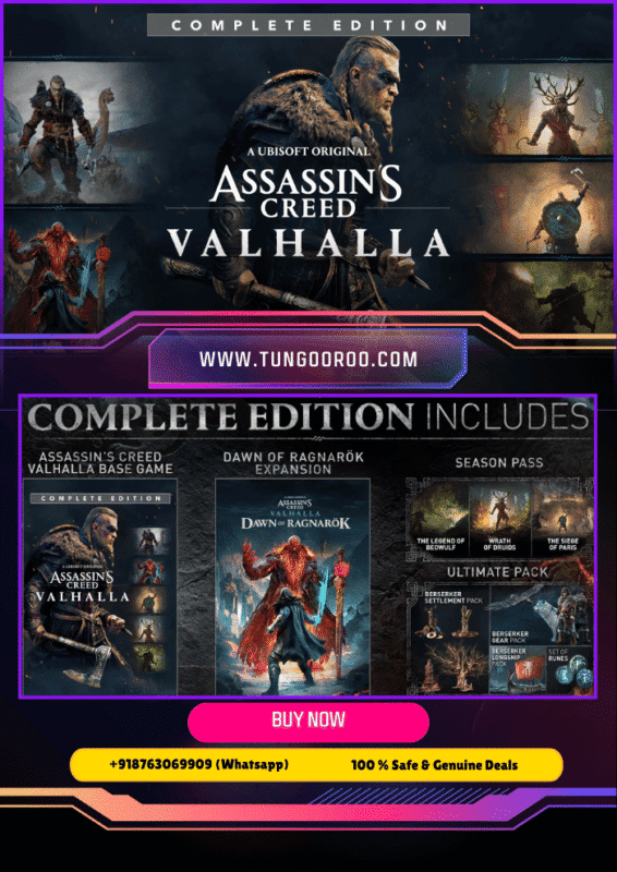 Assassin's Creed Valhalla Complete Edition cover art showing Eivor with a horned helmet and axe, standing against a backdrop of a Viking longship and the English countryside. A screenshot of a Viking raid in Assassin's Creed Valhalla, with Eivor and their clan storming a monastery, weapons drawn. An image of Eivor dual-wielding axes in a combat scene against a Saxon warrior. A scenic view of the Irish coastline from the Wrath of the Druids expansion, with a longship sailing in the distance. Eivor as Odin, using mythical powers in the fantastical dwarf realm of Svartalfheim from the Dawn of Ragnarök expansion.