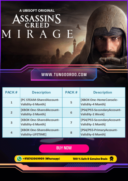 Assassin's Creed Mirage game cover featuring Basim leaping across the rooftops of Baghdad at sunset. Screenshot of Basim utilizing his eagle, Enkidu, to scout the environment in Assassin's Creed Mirage. Image showcasing the detailed and historically accurate architecture of Baghdad in Assassin's Creed Mirage. Basim performing a stealth assassination on a guard in a dimly lit alleyway in Assassin's Creed Mirage. A character interaction between Basim and another key figure in the story within the vibrant city of Baghdad.