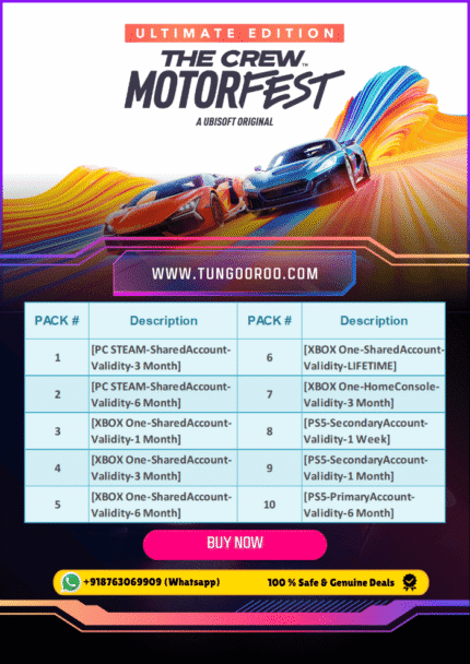 The Crew Motorfest Ultimate Edition showcasing a vibrant Hawaiian city with racing supercars and volcanoes, ultra-realistic lighting, and dynamic weather effects. The spectacle of multiplayer Grand Race and demolition royale is in the background. Alt text: The Crew Motorfest Ultimate Edition—4K open world racing on Hawaii’s O’ahu and Maui with supercars and island vistas