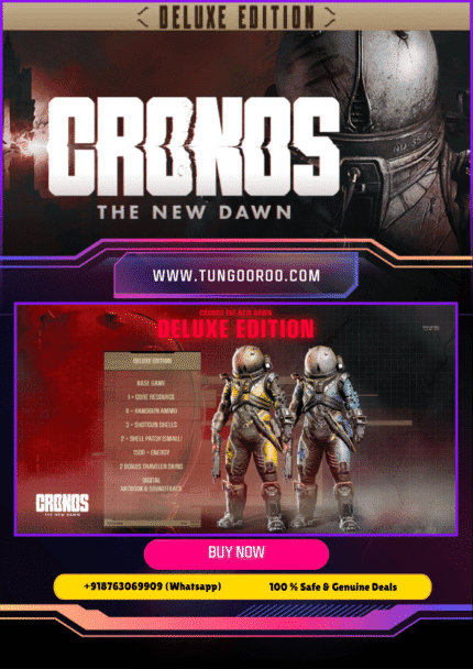 Epic sci-fi RPG battle scene from Cronos: The New Dawn Deluxe with futuristic landscapes, glowing cosmic weapons, and armored heroes in combat – 4K Alt Text 2 (for secondary in‑game screenshot): Player exploring vast alien world with cinematic lighting and futuristic technology in Cronos: The New Dawn Deluxe