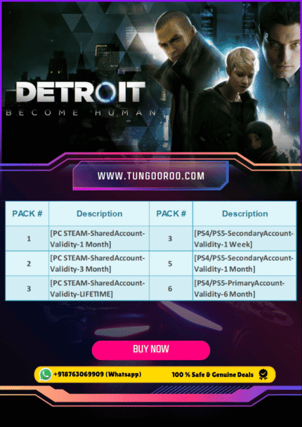 A cinematic view of androids Connor, Kara, and Markus standing amid the glowing skyline of Detroit, surrounded by neon lights, digital overlays, and enraptured by the revolution. Perfect for gaming setups—Detroit: Become Human 4K wallpaper.