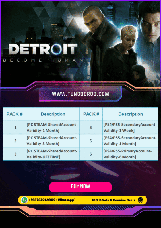 A cinematic view of androids Connor, Kara, and Markus standing amid the glowing skyline of Detroit, surrounded by neon lights, digital overlays, and enraptured by the revolution. Perfect for gaming setups—Detroit: Become Human 4K wallpaper.