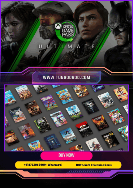 Xbox Game Pass subscription logo with a gaming controller and various popular game characters in the background, showcasing unlimited access to a vast library of Xbox games on console and PC.