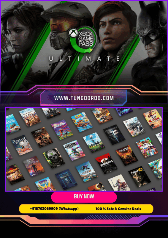 Xbox Game Pass subscription logo with a gaming controller and various popular game characters in the background, showcasing unlimited access to a vast library of Xbox games on console and PC.