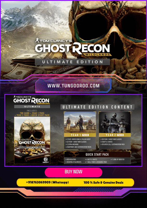 Ghost Recon Wildlands Ultimate Edition cover art featuring elite soldiers geared up for tactical combat in open-world Bolivia — stunning landscapes, helicopters, and military action in 4K.