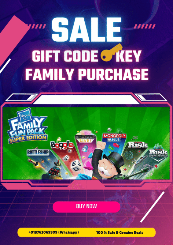 Colorful Hasbro Family Super board game pieces and family playing joyfully around the table 4k wallpaper