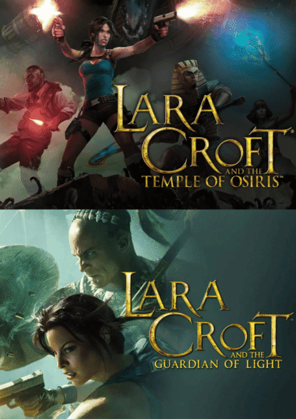Lara Croft battling mythological enemies with twin pistols inside an ancient temple - cinematic action scene" "Lara Croft with co-op team solving epic ancient puzzles amidst glowing ruins and mystical traps 4k
