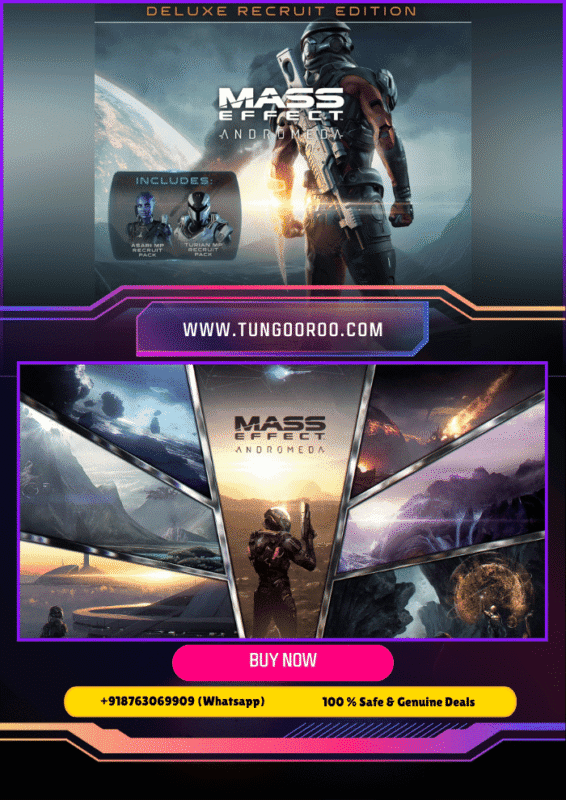 Mass Effect Andromeda Deluxe Recruit Edition gameplay screenshot, interstellar battles, space exploration in RPG sci-fi adventure" 2️⃣ "Mass Effect Andromeda Deluxe Recruit Edition box art cover with Pathfinder squad in action, cinematic alien worlds 4K