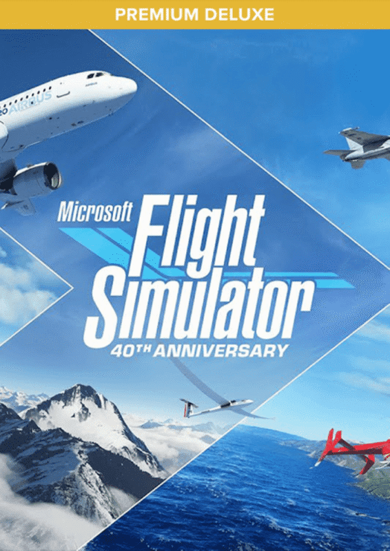 Microsoft Flight Simulator (2020) Premium Deluxe 40th Anniversary Edition showcasing a realistic cockpit view flying over detailed landscapes and vibrant cities with dynamic weather effects, 4K wallpaper.