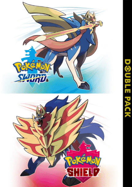 Cover artwork of Pokémon Sword & Shield Double Pack featuring legendary Pokémon 4k Gameplay screenshot of Pokémon Sword & Shield Double Pack Galar region adventure in 4k