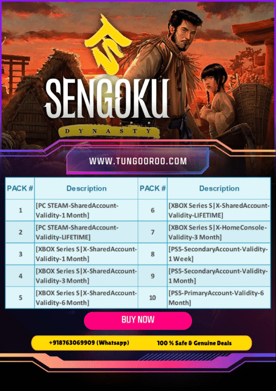 Heroic Samurai standing tall in a lush Japanese valley with ancient pagodas and cherry blossoms surrounding him in Sengoku Dynasty 4K Caption: ⚔️ Forge your legacy in feudal Japan – Build, Fight, Farm & Survive in Sengoku Dynasty 🌸