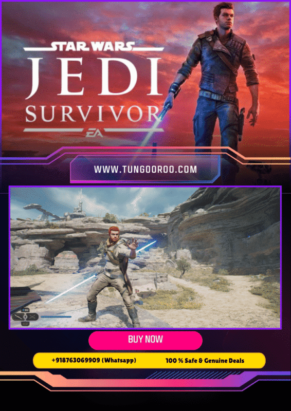 Cal Kestis in dynamic action stance with glowing lightsaber, surrounded by cosmic Star Wars landscapes and companions, intensely battling Imperial droids – ultra-realistic graphics 4k.