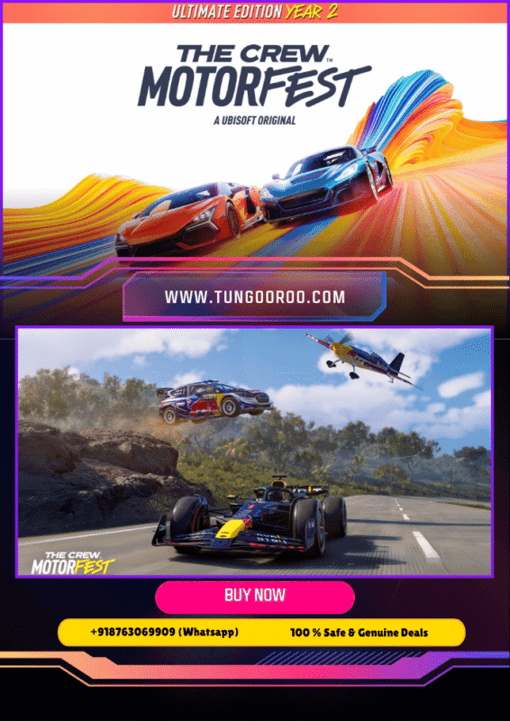 The Crew Motorfest Ultimate Edition showcasing a vibrant Hawaiian city with racing supercars and volcanoes, ultra-realistic lighting, and dynamic weather effects. The spectacle of multiplayer Grand Race and demolition royale is in the background. Alt text: The Crew Motorfest Ultimate Edition—4K open world racing on Hawaii’s O’ahu and Maui with supercars and island vistas