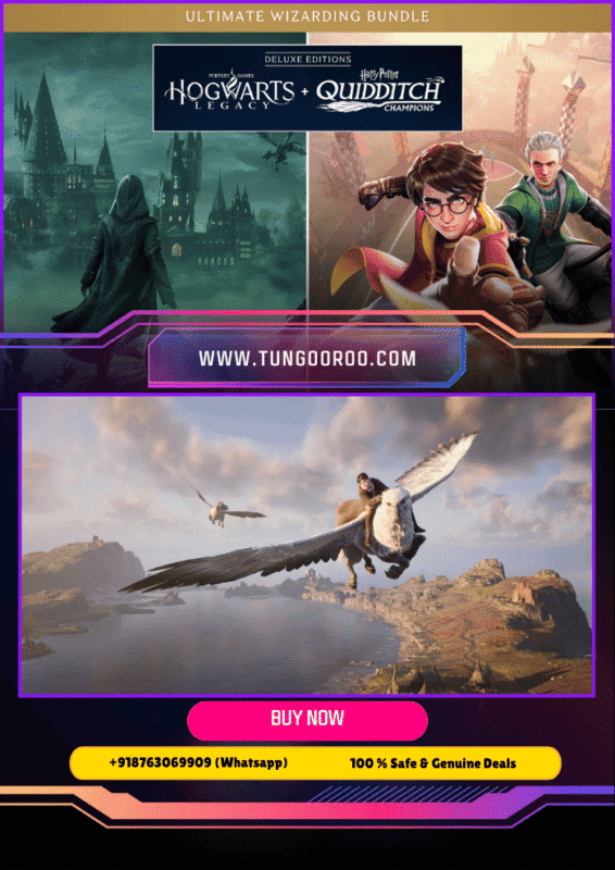 Epic fantasy gaming bundle featuring Hogwarts Legacy & Harry Potter: Quidditch Champions Deluxe Editions with magical duels, open-world wizardry, and exciting Quidditch matches in ultra-realistic 4K