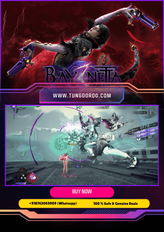 Bayonetta 3 gameplay screenshot showing Bayonetta battling massive demons with her iconic Witch Time powers in explosive cinematic action – 4K