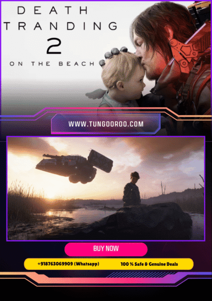 Death Stranding 2 On the Beach official poster artwork in stunning detail, showing Sam Bridges alongside mysterious oceanic landscapes and surreal sci-fi aesthetic – 4k